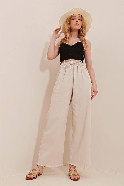 Trend Alaçatı Stili Pantaloni Palazzo Jean cu talie înaltă, bej, cu ciucuri ALC-X8930
