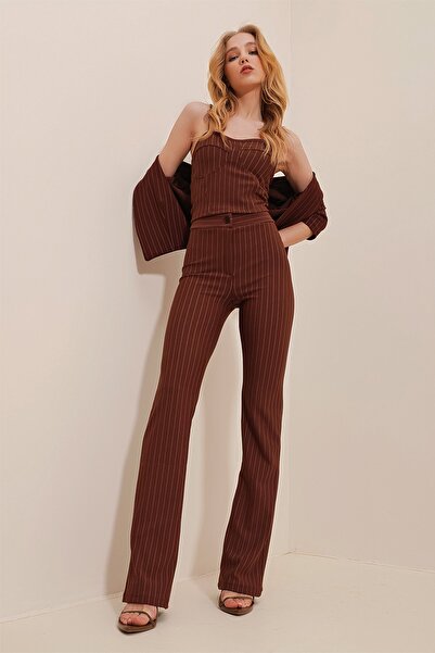 Trend Alaçatı Stili Γυναικείο παντελόνι καφέ ριγέ ALC-X10112