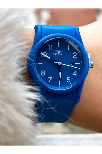 FERRO Waterproof Blue Silicone Band Calendar Number Men's/Women's Wristwatch + bracelet