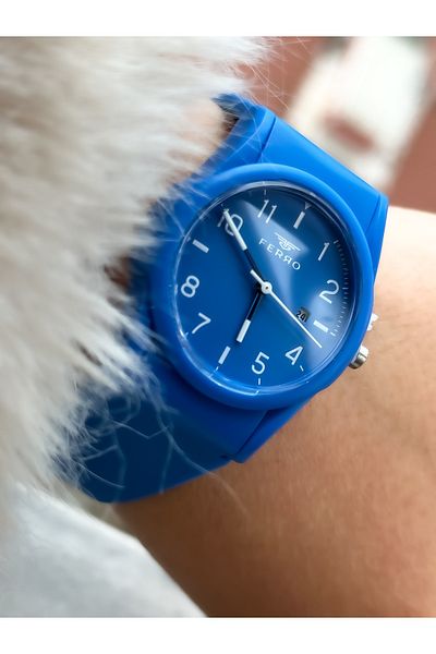 FERRO Waterproof Blue Silicone Band Calendar Number Men's/Women's Wristwatch + bracelet