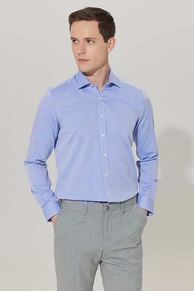 ALTINYILDIZ CLASSICS Men's Blue Non-Iron Tailored Slim Fit Slim Fit 100% Cotton Patterned Shirt