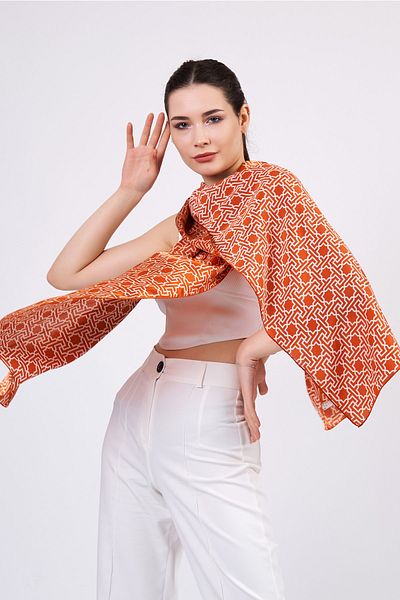 Nomads Felt Unisex Seljuk Vectoral Star Patterned Pure Silk Scarf - Tile