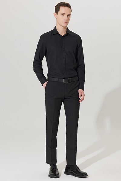 ALTINYILDIZ CLASSICS Men's Black Slim Fit Narrow Cut Classic Collar Dobby Shirt