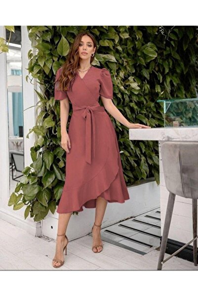 Trendusfashion Krátký rukáv Dusty Rose Midi šaty Nová sezóna krepová tkanina