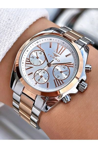 FERRO FL21259A-E 36 Mm Rose Gold/ Metallic Gray Women's Wristwatch + Bracelet