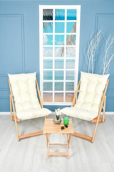 Bysay Ahşap Bahçe Takımı Katlanır Puf Minderli Şezlong 3 Lü Set (KREM)