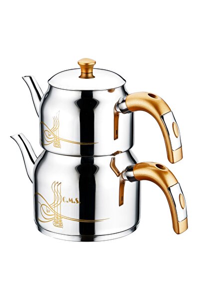 OMS 8043 M 4 Parça Paslanmaz Çelik Osmanlı Tuğralı Çaydanlık Gold