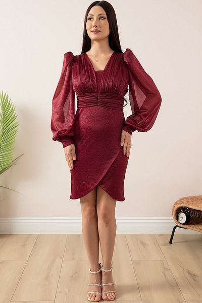 PULLIMM Rochie din tul cu sclipici cu mâneci lungi, cu decolteu, cu centură, 13416
