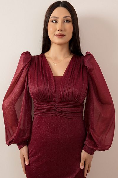 PULLIMM Rochie din tul cu sclipici cu mâneci lungi, cu decolteu, cu centură, 13416