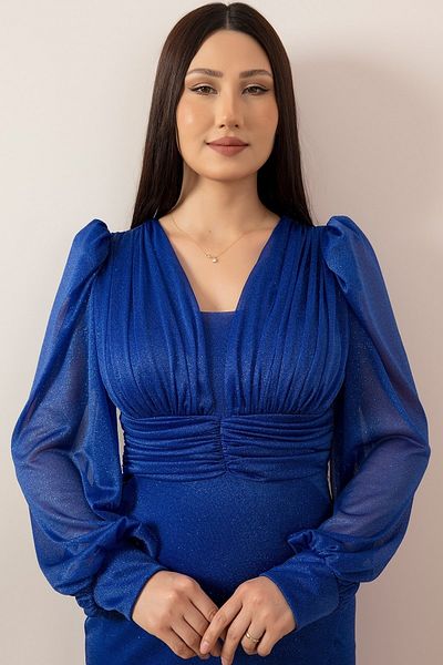 PULLIMM Rochie din tul cu sclipici cu mâneci lungi, cu decolteu, cu centură, 13416