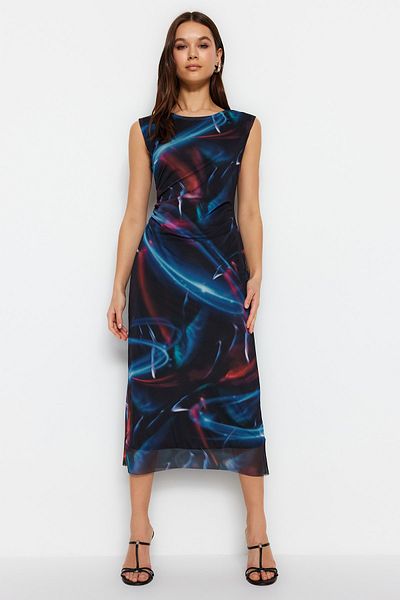 Trendyol Collection Multi-Colored Printed and Ruffle Detailed Midi Lined Tulle Stretchy Knitted Dress TWOSS23EL00808