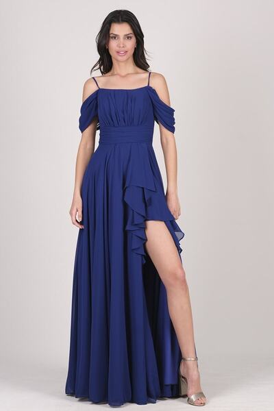 Spazio Gentile Beli Drapeli Etek Yırtmaçlı Volanlı Uzun Abiye Elbise