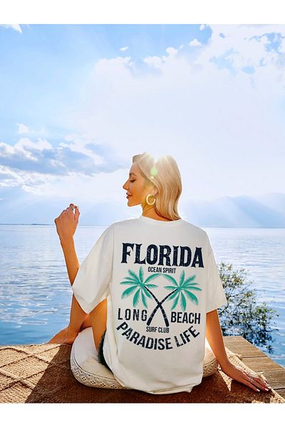 Machetta Μπλουζάκι εκρού με στάμπα Florida 'paradise Life' μπροστά και πίσω