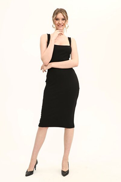 KİM Kİ O Γυναικείο πλεκτό φόρεμα με μαύρο τετράγωνο λαιμό με τετράγωνο λαιμό ...