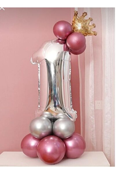 MFM Party 1 Year Old Number Silver King Crown Foil Balloon Welcome Set