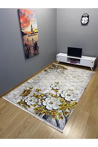 Modern home Çiçek Desenli Püskül Detaylı Dijital Baskı Antibakteriyel Halı Yo...