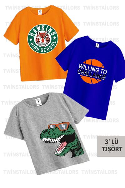 twins tailors Pachet de tricouri pentru copii, cu imprimeu, gri-portocaliu-sax albastru, 3 piese
