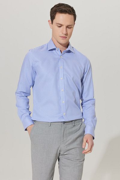 ALTINYILDIZ CLASSICS Men's White-blue Tailored Slim Fit Classic Collar 100% Cotton Patterned Non-Iron Shirt