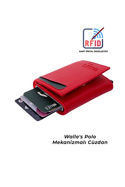 Walle's Polo Nemesis Men's-Women's 2-Piece Black-Red Set Leather Wallet with Mechanism Paper Money Compartment-Card Holder