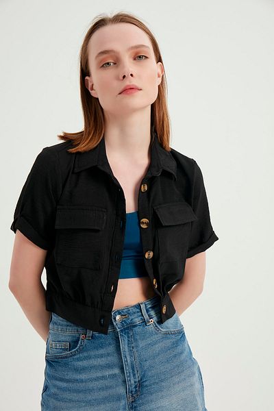 MEECY Schwarze, kurzärmlige Sommerjacke aus Leinen und Viskose für Damen