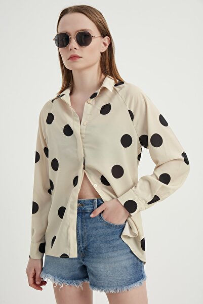 MEECY Γυναικείο πουά κρεμ πουά πουκάμισο με κρυφή πατιλέτα