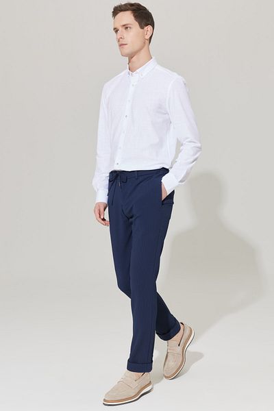 ALTINYILDIZ CLASSICS Ανδρικό Navy Blue Slim Fit Slim Fit Side Pocket Seersucker μοτίβο Tie Waist Jogger παντελόνι