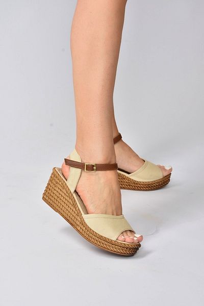 Fox Shoes Beige Linen Wedge Heeled Women's Shoes674192205