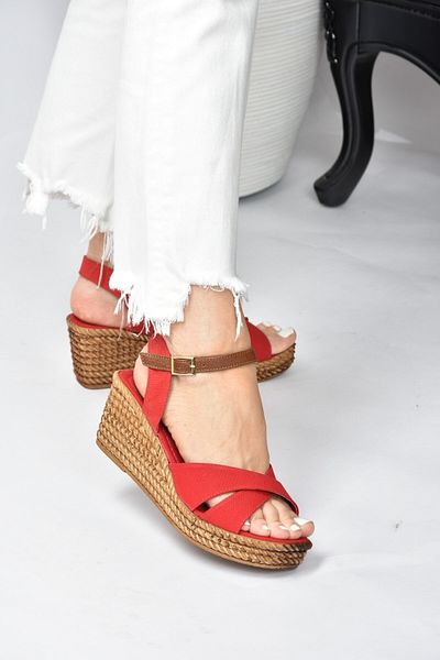 Fox Shoes Women's Red Linen Wedge Heeled Shoes K674192105