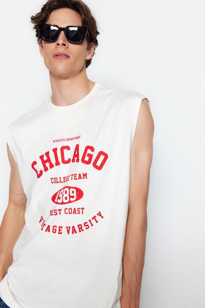 Trendyol Collection Ecru Oversize/Wide Cut City Printed 100% Cotton Sleeveless T-Shirt/Undershirt Tmnss23Al00008