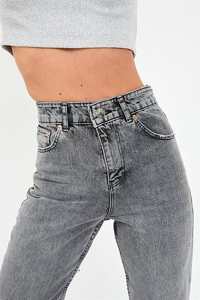 Trn JNS Spanish High Waist Gray Snow Mom Denim Pants Lycra Colorfast Smoked Extra Comfortable Mom Jeans