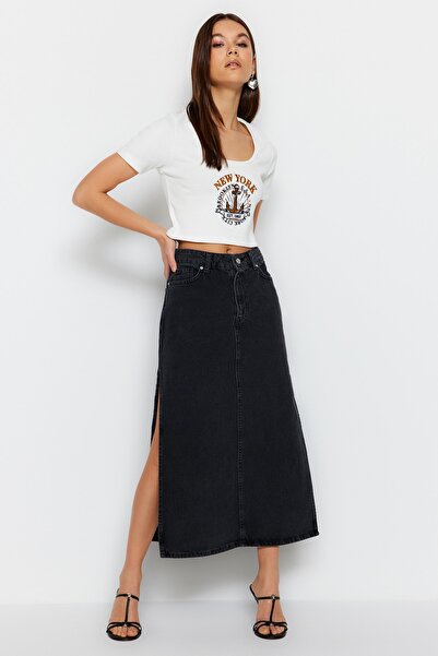 Trendyol Collection Antracitová maxi džínová sukně s vysokým pasem s rozparkem TWOSS23ET00109
