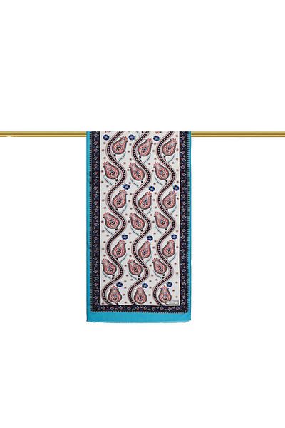 Bursa İpek Turquoise Navy Blue Row Tulip Voile Silk Scarf