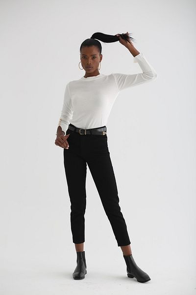 Trn JNS Ισπανικό ψηλόμεσο μαύρο παντελόνι Mom Jeans Lycra Colorfast Extra Comfortable Mom Jeans