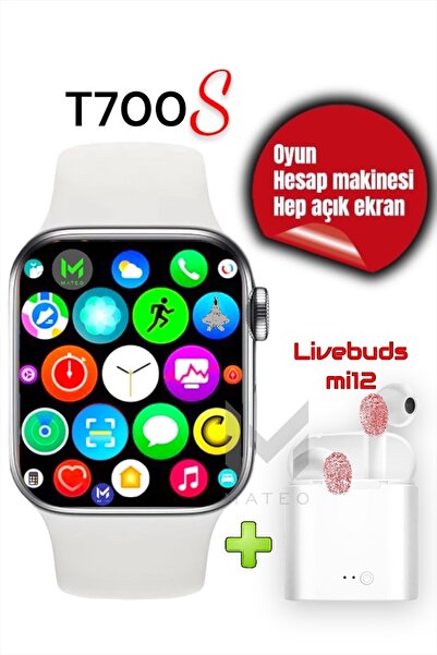 MATEO Akıllı Saat T700s Airbuds Mi12 Kablosuz Kulaklık Ikili Siyah Set Ios An...