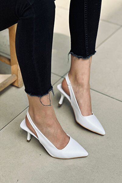 Rainon Store Y411 White Leather Closed Front Women's Heeled Shoes