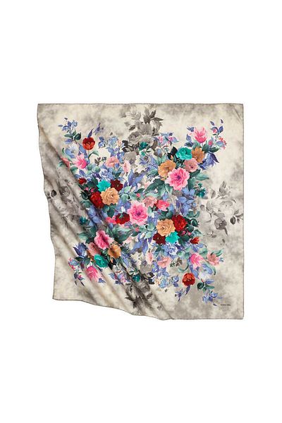 Bursa İpek Beige Bouquet Pattern Silky Scarf