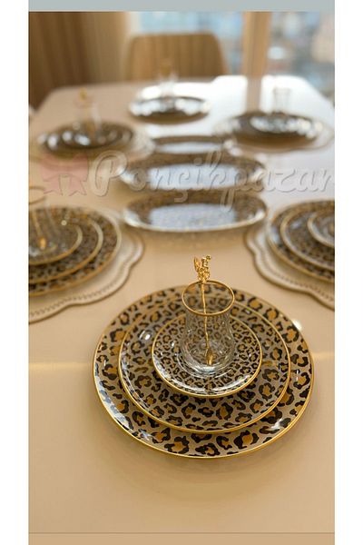 PONCİKPAZAR 34 Pieces Leopard Breakfast and Cake Set for 6 People