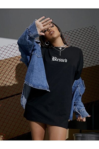 Josette Unisex Black Blessed Printed Cotton Crew Neck Oversize T-shirt