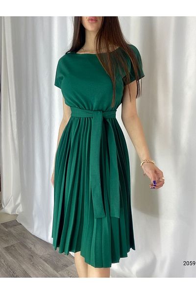 pelinzen Fusta verde de dama cu talie plisata Rochie din stofa creponata cu curea