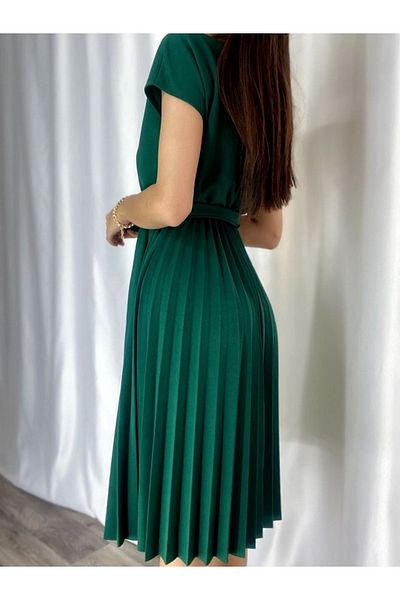 pelinzen Fusta verde de dama cu talie plisata Rochie din stofa creponata cu curea