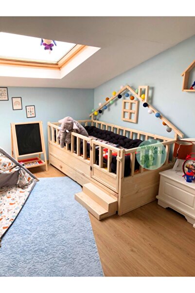 Bir Başka Çocuk Yarı Çatılı 2 Çekmeceli Basamaklı Pencereli Montessori Yatak