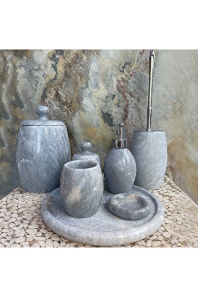 SİPAHİMARBLE Gri Mermer Krom Aparatlı Şehzade Başlı 7'li Banyo Seti