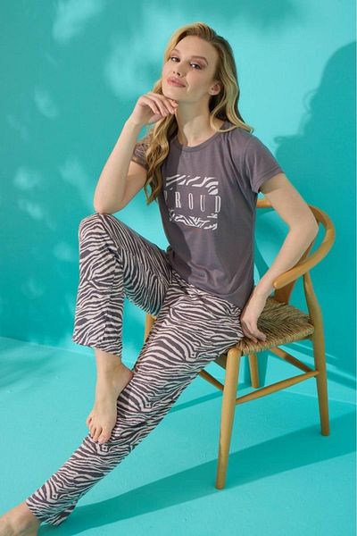 MEBA Women's Short Sleeve Bottom Long Printed Pajama Set 7387