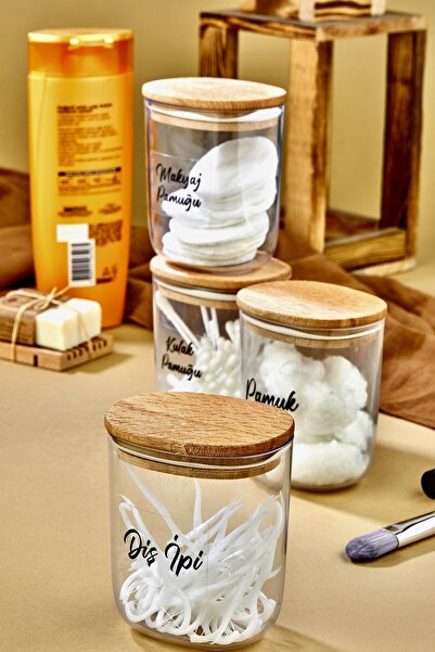 FBZhome 4'lü Ahsap Kapaklı Kulak Pamuğu&pamuk&makyaj Pamuğu&diş Ipi Saklama Kutusu/organizeri 400 Ml