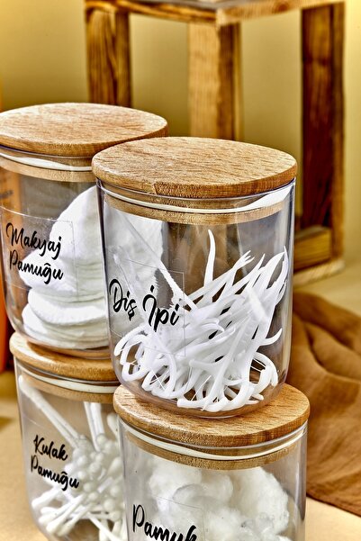 FBZhome 4'lü Ahsap Kapaklı Kulak Pamuğu&pamuk&makyaj Pamuğu&diş Ipi Saklama Kutusu/organizeri 400 Ml