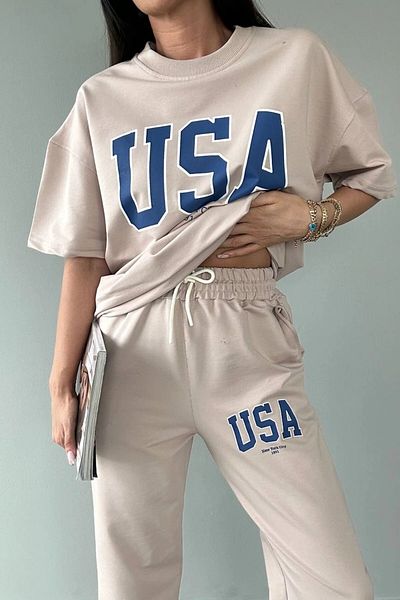 Keywest Plus Size USA New York City Printed Oversize Summer Top and Bottom Tracksuit Set
