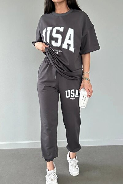 Keywest Plus Size USA New York City Printed Oversize Summer Top and Bottom Tracksuit Set