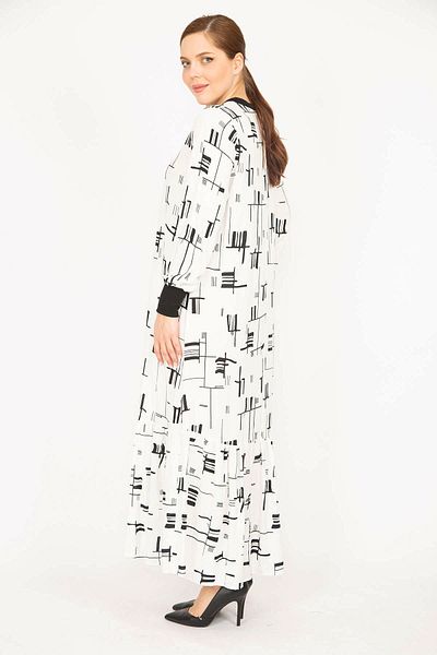 Şans Women's Bone Woven Viscose Fabric Collar and Sleeve Ribbed Long Dress 65n35966