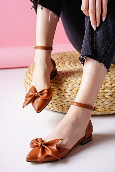DURUNUN BUTİĞİ Sambo Tan Bow Curea la gleznă Cu vârf ascuțit Balerini casual