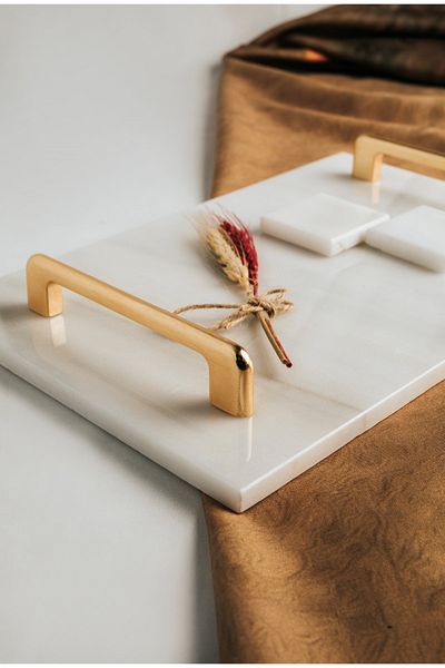 MERALP Thin Marble Gold Promise/Engagement Tray, Scissors, 2 Removable Rings, Metal Profile Handle